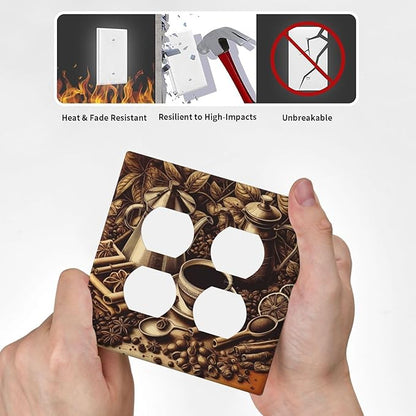 Decorative Outlet Covers Vintage Coffee Beans Leaf Cup 2 Gang Wall Plate Cover Double Duplex Receptacle Two Switch Light Switch Cover Plate Jumbo Dual Faceplate