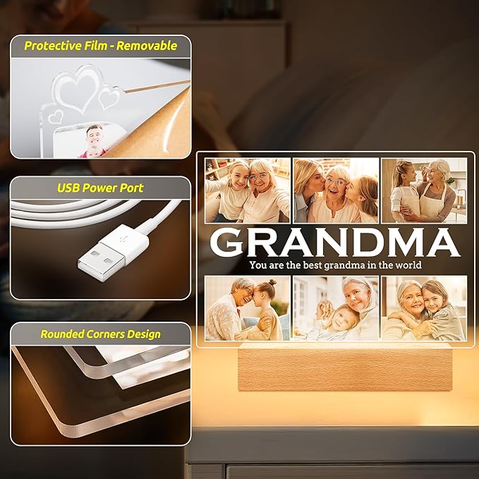 Personalized Gifts for Grandma from Daughter Son, Custom Picture Frames with Photos, Customized Photo Frame with Night Light, Personalized Birthday Gifts for Grandma Baby Kids Family
