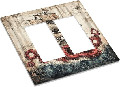 Decorative Outlet Covers Vintage Octopus Ocean Sailboat Bizarre Adventure 2 Gang Double GFCI Rocker Electrical Wall Panels Light Switch Cover Plate for Bathroom Kids room Decor