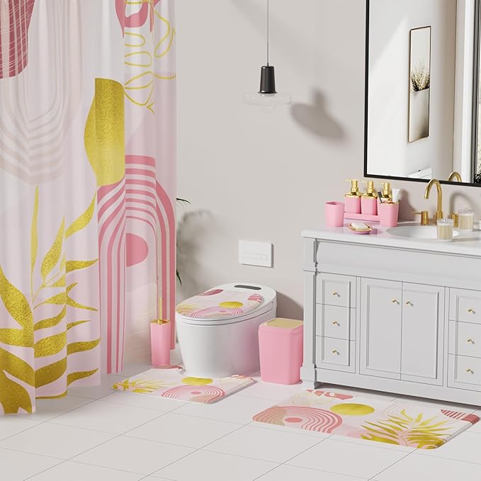 Bathroom Set - Bathroom Sets with Shower Curtain and Rugs, Bathroom Accessory Set, Pink Bathroom Accessories Set with Trash Can, Toilet Brush and Soap Dispensers