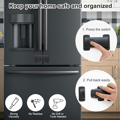 Fridge Locks for Kids, Child Proof Refrigerator Lock, Baby Safety French Fridge Door Lock, Child Cabinet Locks with Strong 3M Adhesive, No Drill, Tool-Free Install (2 Pack, Black)