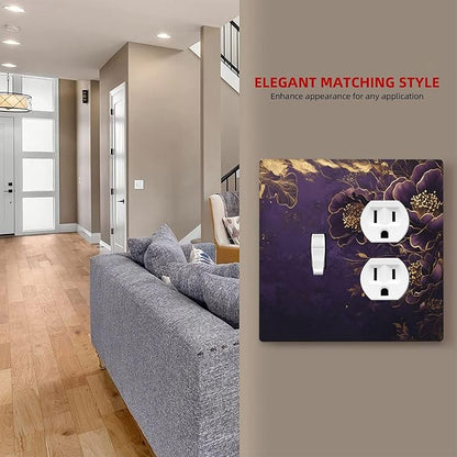 Decorative Outlet Covers Vintage Purple Peony Gold Leaf Flowers Floral 2 Gang Wall Plate Single Toggle Duplex Light Switch Cover Switch Plate Covers Faceplate for Bedroom Home Decor