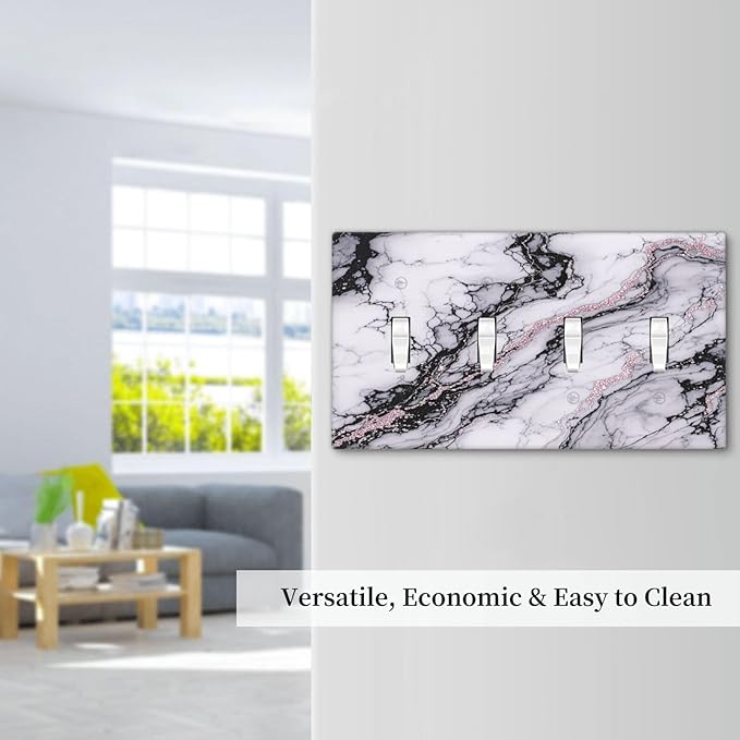 Light Switch Covers White Marble Pattern Black Lines Pink Lines Quad Toggle Electrical Faceplate 4 Gang Wall Plate Decorative Switch Plates for living Room Office Decor
