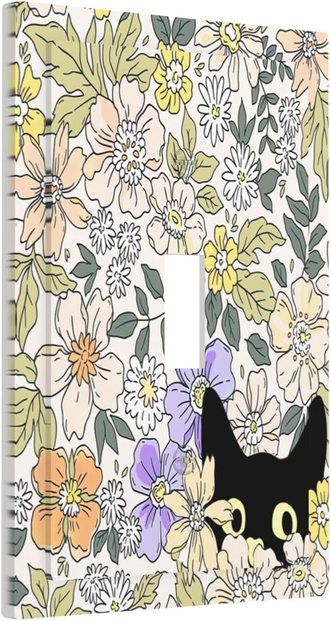 Decorative Light Switch Plate Covers Cute Black Cat in a Flower Patch Botanical Garden 1 Gang Wall Plate Single Toggle Light Switch Covers Artistic Faceplate for Bedroom Decor（2 Pack）