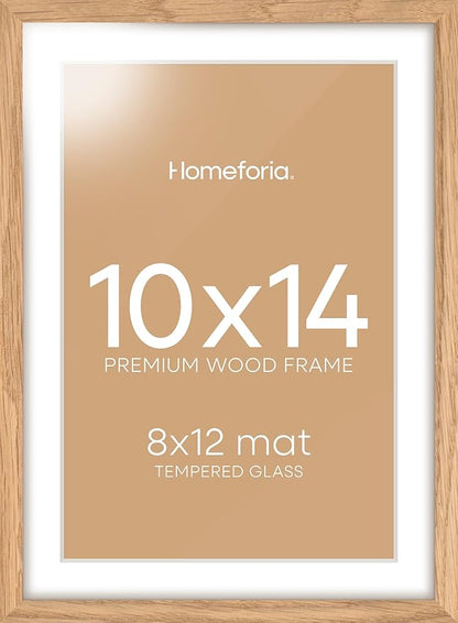 Homeforia 10x14 Picture Frame Wood, High End Natural Oak 10x14 Light Wooden Poster Frames with Mat 8x12, 10 x 14 Frames Matted to 8 x 12 Photo, 14x10 Hanging Frames, Tempered Glass, Wall Kit, Set of 1