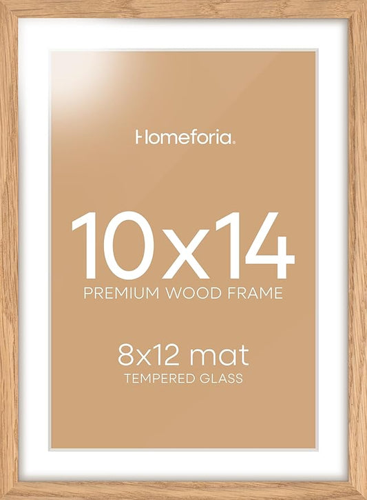 Homeforia 10x14 Picture Frame Wood, High End Natural Oak 10x14 Light Wooden Poster Frames with Mat 8x12, 10 x 14 Frames Matted to 8 x 12 Photo, 14x10 Hanging Frames, Tempered Glass, Wall Kit, Set of 1