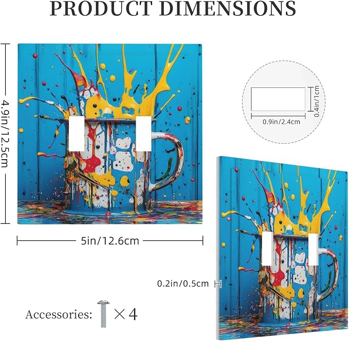 Decorative Light Switch Cover Plate Colorful Paint Splatters Blue Wood Plank 2 Gang Wall Plate Oversized Double Toggle Two Switch Wall Cover Plate Dual Device Faceplate