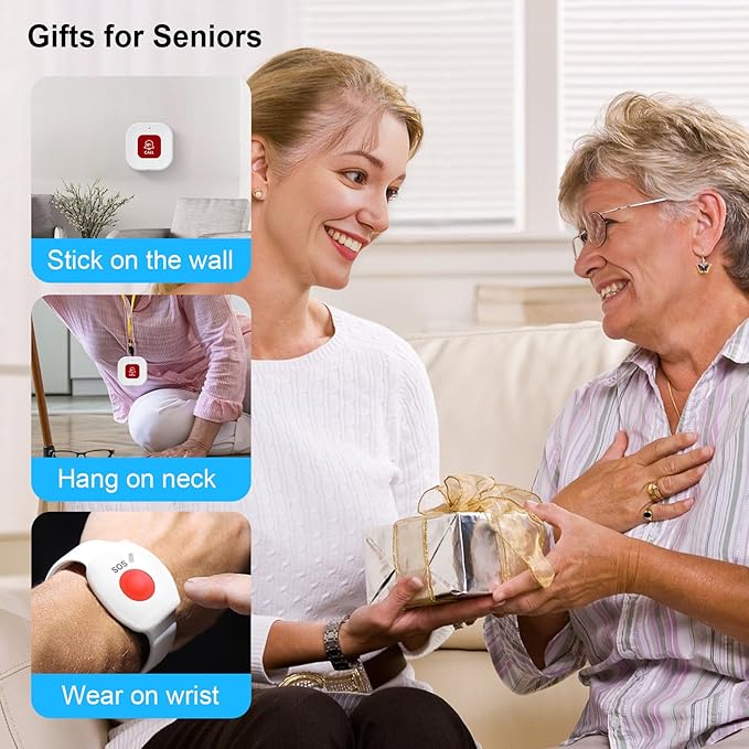 WiFi Pager, Caregiver Pagers Life Alert Systems for Seniors no Monthly Fee, 1 Receiver and 1 SOS Panic Button & 1 Watch Pager, Compatible with Tuya Smart/Smart Life APP