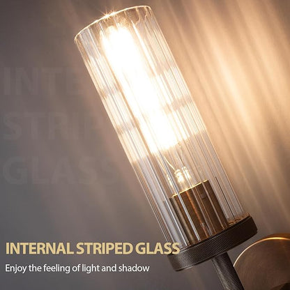 15" Knurled Brass Wall Sconce with Vertical Striped Glass Tube, Bronze Bathroom Vanity Light Fixtures, Modern Lamp Lighting for Bedroom, Living Room, Hallway, Staircase, Mirror, Kitchen
