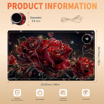 Heated Mouse Pad, Warm Desk Pad, Keyboard Mat 23.6 x 14 Inch Large Size Intelligent Fast Heating, 3 Speed Adjustable, Timed Auto Power Off for Game Office Home, Flowers Roses