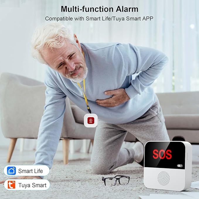 WiFi Pager, Caregiver Pagers Life Alert Systems for Seniors no Monthly Fee, 1 Receiver and 1 SOS Panic Button & 1 Watch Pager, Compatible with Tuya Smart/Smart Life APP