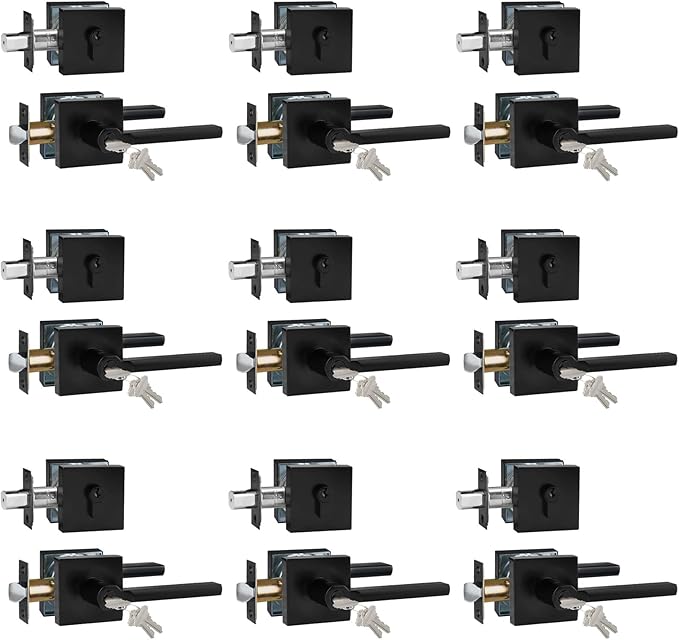 Keyed Entry Door Handle with Single Cylinder Deadbolt, Keyed Alike(Same Keys Only Per Set) Front Door/Exterior Door Lever Lockset, Matte Black, 9 Sets of Locks with 9 Sets of Different Keys