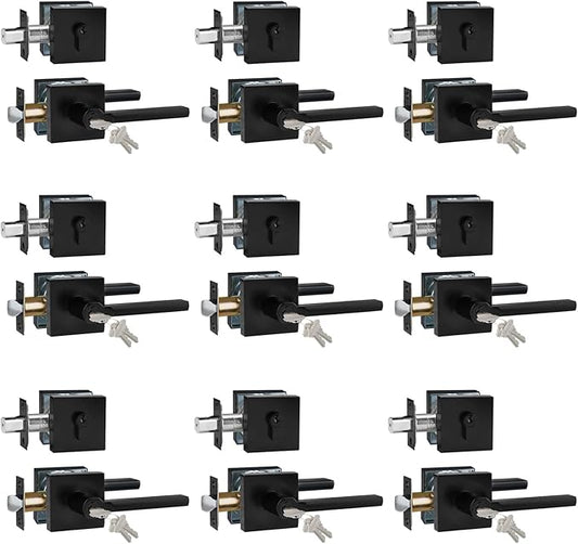 Keyed Entry Door Handle with Single Cylinder Deadbolt, Keyed Alike(Same Keys Only Per Set) Front Door/Exterior Door Lever Lockset, Matte Black, 9 Sets of Locks with 9 Sets of Different Keys