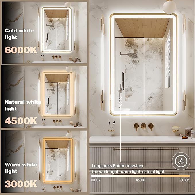 Rectangle LED Bathroom Mirror, 32"x20" Anti-Fog Double Touch Lighted Wall Vanity Mirror 45° Beveled Metal Frame Stepless Adjustable Color Temperature Smart Mirror 3000K-6000K, Gold