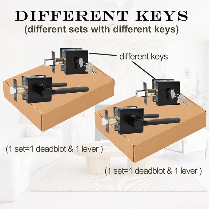 10 Sets Passage Door Lever and Single Cylinder Deadbolt Lock Set, Heavy Duty Square Handle for Entrance and Front Door, Matte Black, Different Keys