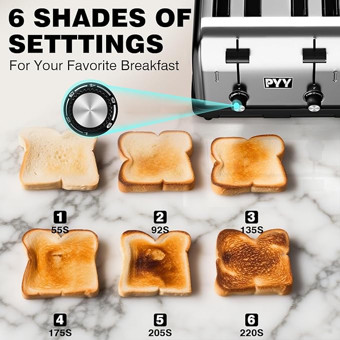 PYY Commercial Toaster 4 Slice for Restaurant - Wide Slots 1.57 inch Stainless Steel 6-Level Setting, with Removable Crumb Tray, 225 Slices/Hour 1800W - Bread, Bagels, Breakfast, Toast