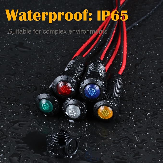 5pcs 8mm LED Indicator Light Plastic Black Signal Dot Lamp 110-220VAC 5/16" Mounting Hole Size with 15cm/5.9in. Wire (Mix:Red White Yellow Blue Green)