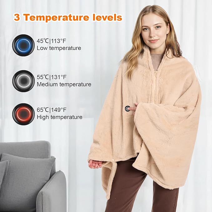 Graphene Heated Blanket Battery Operated, 20000mAh Battery 7.4V Fast Heating Blanket 70''x 35'' Portable Heated Shawl, Cordless Rechargeable Heated Shawl 3 Temperature Settings, Gift for Women (Khaki)