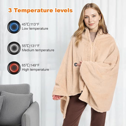 Graphene Heated Blanket Battery Operated, 20000mAh Battery 7.4V Fast Heating Blanket 70''x 35'' Portable Heated Shawl, Cordless Rechargeable Heated Shawl 3 Temperature Settings, Gift for Women (Khaki)