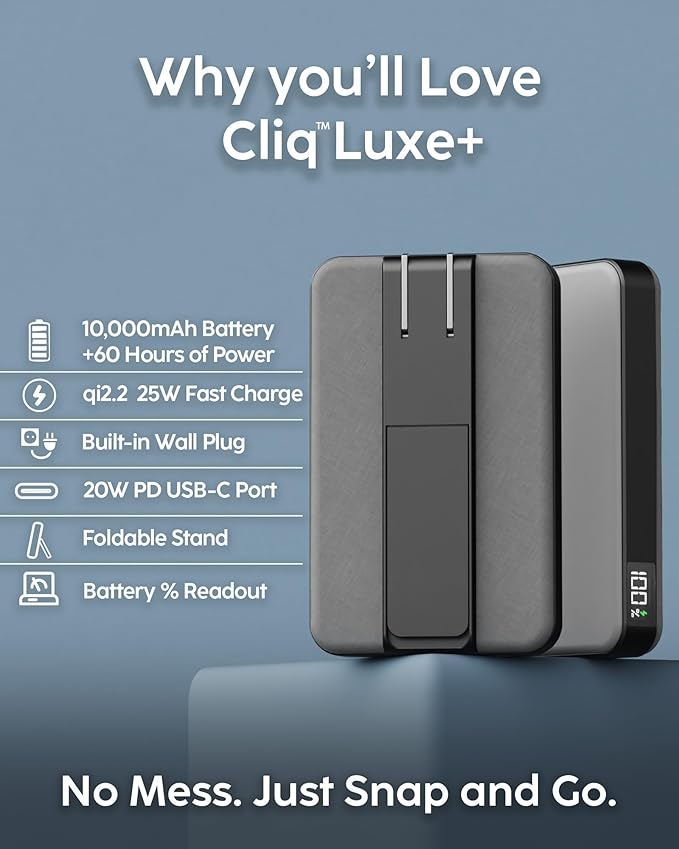 myCharge CliqLuxe+ 10,000mAh Wireless Magnetic Power Bank - Qi2.2 25W Ultra-Fast Wireless Charging | with Stand | 20W PD USB-C Port | Digital Battery Display | Premium Grey Fabric (with Wall Plug)
