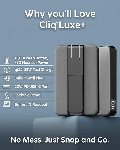 myCharge CliqLuxe+ 10,000mAh Wireless Magnetic Power Bank - Qi2.2 25W Ultra-Fast Wireless Charging | with Stand | 20W PD USB-C Port | Digital Battery Display | Premium Grey Fabric (with Wall Plug)