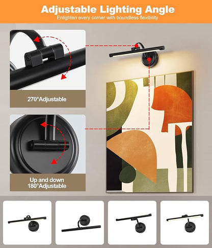 Rechargeable Picture Light for Wall, Cordless Art Lights Battery Operated, Dimmable Wall Light with Remote & Timer, 3 Color Modes for Paintings, Gallery, Artwork(Black, 15.7inch)