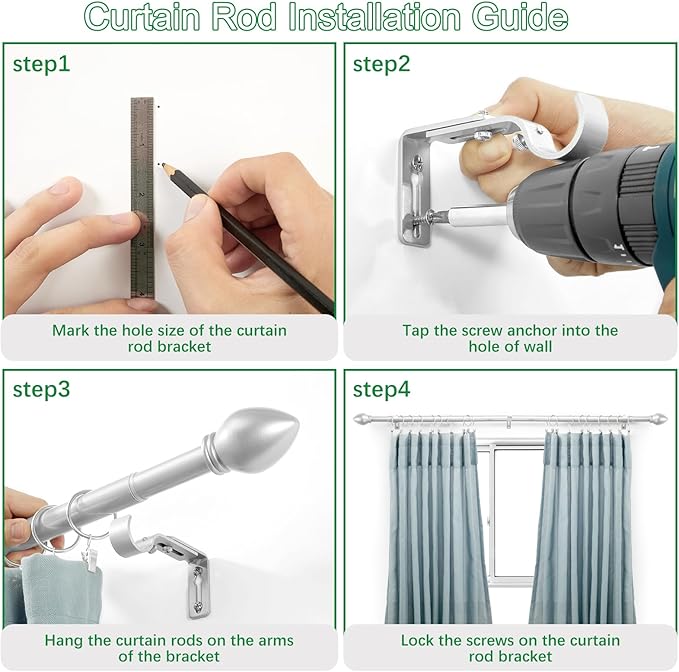 Curtain Rods for Windows 16 to 76 inches, Curtain Rod Max Adjustable Length to 88 in, Drapery Rod 1 inch Diameter with Modern Knobs Finials (Satin Silver, 16" to 76" - Set of 2)