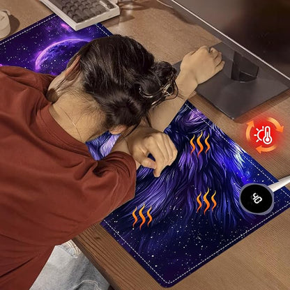 Heated Mouse Pad, Warm Desk Pad, Keyboard Mat 31.5 x 13 Inch Large Size Intelligent Fast Heating, 3 Speed Adjustable, Timed Auto Power Off for Game Office Home,Galaxy Wolf