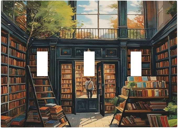Library With A Lot Of Books Light Switch Covers 3 Gang Triple Toggle Wall Plate Decorative Switchplate Electrical Faceplate for Farmhouse Living Decor