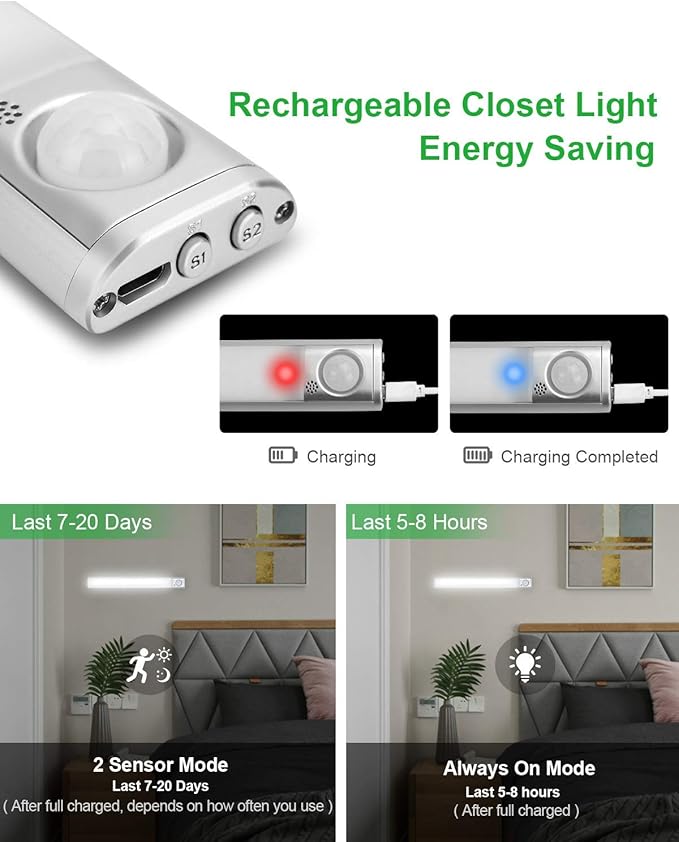 Under Cabinet Lighting, 80 LED Motion Sensor Light Indoor, Rechargeable Closet Light, 3 Color Temps Under Cabinet Lights, Wireless Dimmable Under Counter Lights for Kitchen, Pantry (5 Pack)