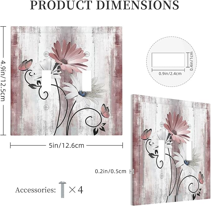 Decorative Switch Plates Pink White Daisy Butterfly Wood Grain 2 Gang Double Toggle Outlet Light Switch Cover Wall Plate Electrical Faceplate for Farmhouse Bathroom Decor