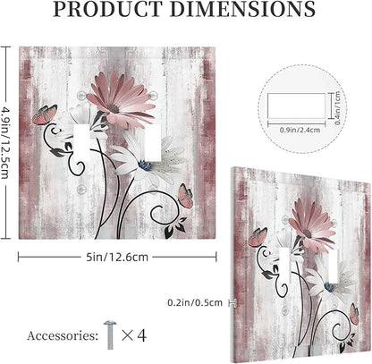 Decorative Switch Plates Pink White Daisy Butterfly Wood Grain 2 Gang Double Toggle Outlet Light Switch Cover Wall Plate Electrical Faceplate for Farmhouse Bathroom Decor