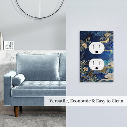 Decorative Outlet Covers Blue White Flower Gold Line Cloud 1 Gang Duplex Light Switch Cover Plate Unique Wall Plates for Electrical Outlets Switch Plate Covers for Bedroom Home Decor