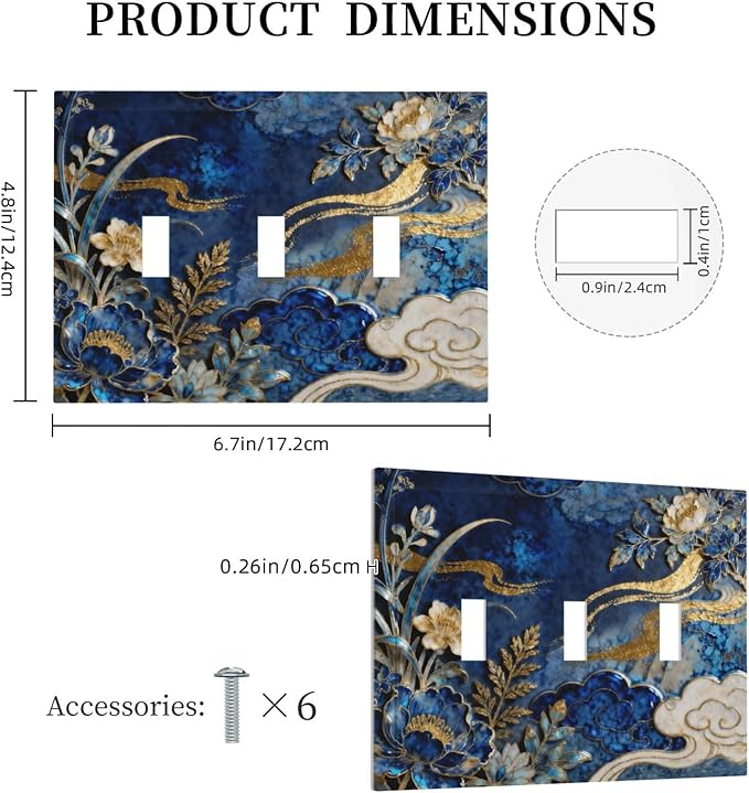 Decorative Light Switch Cover Plate Blue White Flower Gold Line Cloud 3 Gang Wall Plates for Electrical Outlets Triple Toggle Switch Plate Covers Outlet Covers Faceplate for Home Decor