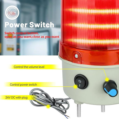 24V Industrial Rotating Warning Light LED Red Strobe Light for Emergency Alarms Safety Siren with Buzzer, Volume Control and Plug