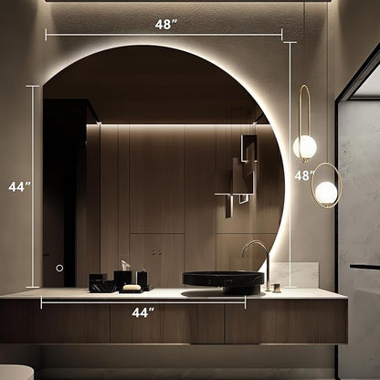 Niccy Half Moon LED Mirror for Bathroom, 48" Semi Backlit Mirror Frameless Makeup Mirror with Light, Anti-Fog, Shatter-Proof, 3 Colors, Smart Vanity Mirror