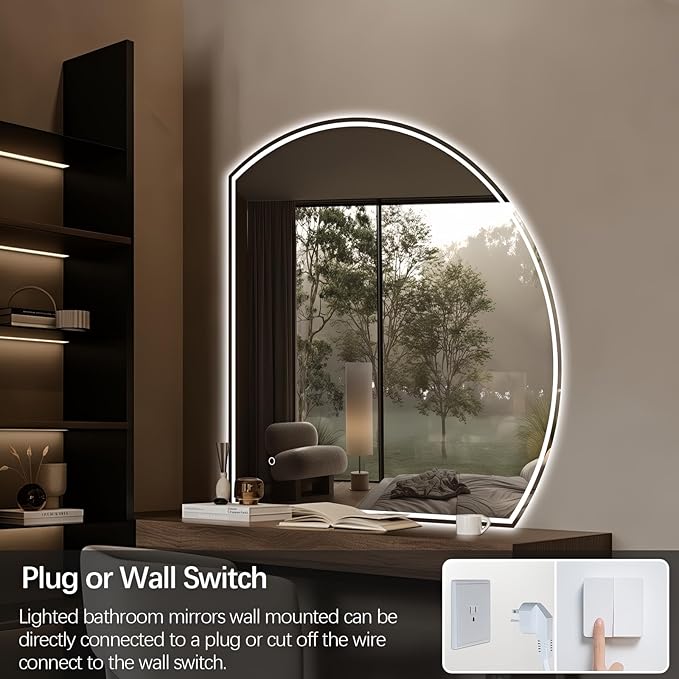 Niccy Half Moon Led Mirror for Bathroom, 44" Semi Round Backlit Mirror for Wall Lighted Mirror with Frameless 3 Color, Defogger, Explosion-Proof, HD Glass and IP65 Vanity Mirror