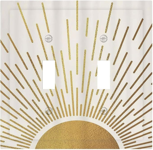 Decorative Light Switch Cover Plate Boho Mid Century Gold Sun Sunbeams 2 Gang Outlet Covers Double Toggle Wall Plates for Electrical Outlets Switch Plate Covers Faceplate for Bedroom Decor