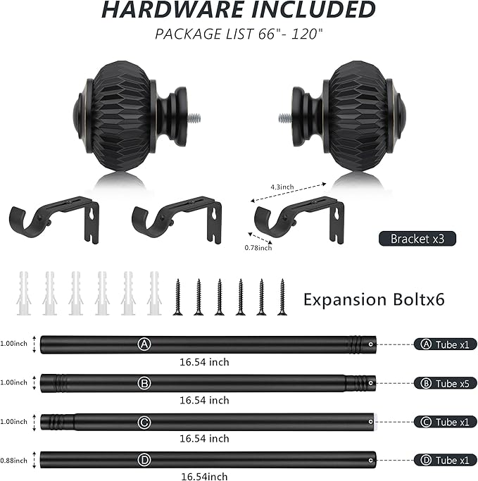 Black Curtain Rods for Windows 66 to 120 Inches 1 Inch Adjustable Heavy Duty Curtain Rods with Lantern Ball Finials,Window Treatment Single Curtain Rod Set