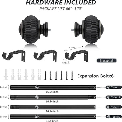 Black Curtain Rods for Windows 66 to 120 Inches 1 Inch Adjustable Heavy Duty Curtain Rods with Lantern Ball Finials,Window Treatment Single Curtain Rod Set