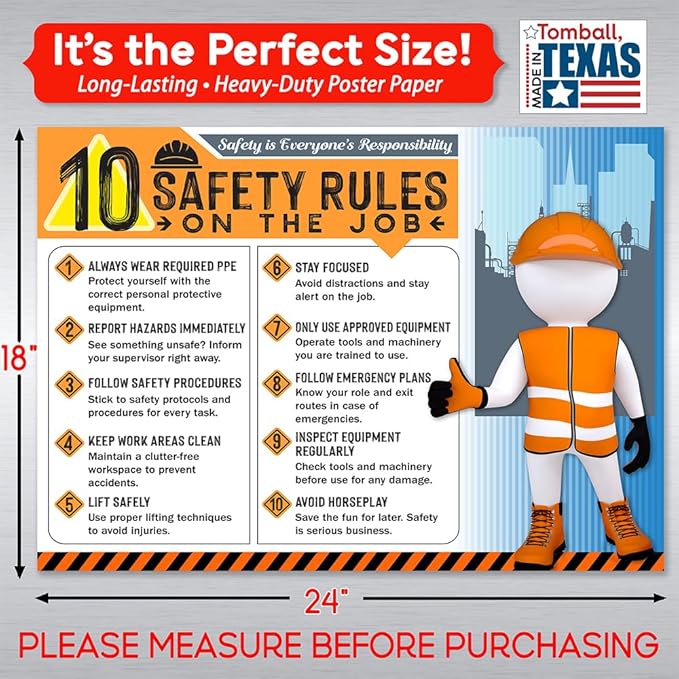 10 Safety Rules on the Job Poster 2026 – 18x24 Durable Laminated Business Safety First Poster Sign, Tear-Resistant, Waterproof Workplace Safety & Industrial Safety Poster for Construction (Pack of 1)