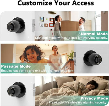 Fingerprint Smart Door Knob, Biometric Keyless Entry Door Lock with App Control & Backup Keys, Thumbprint Round Door Lock, Suitable for Home, Bedroom, Office, and Apartment Matte Black