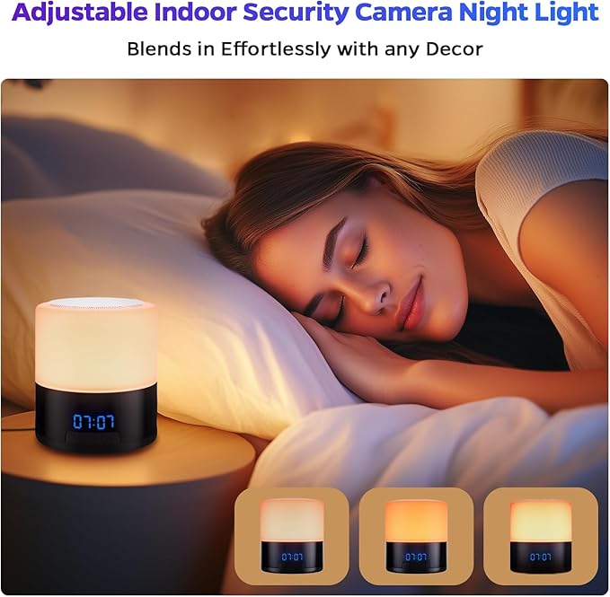 Security Camera Indoor for Home - Bluetooth Speaker - Homekit Camera - 1080P Clock Camera with 160°Rotating Viewing Angle - Night Light - AI Motion Detection