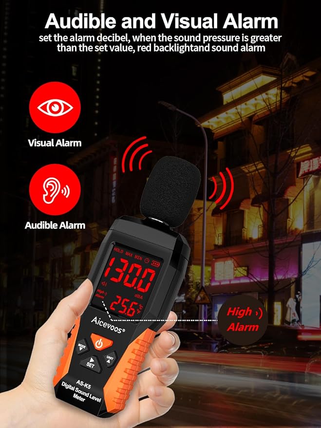 Decibel Meter Portable Sound Level Meter dB Meter decibel sound Meter Measuring 30~130 dB, Audible and Visual Alarms, MAX/MIN Noise Measurement