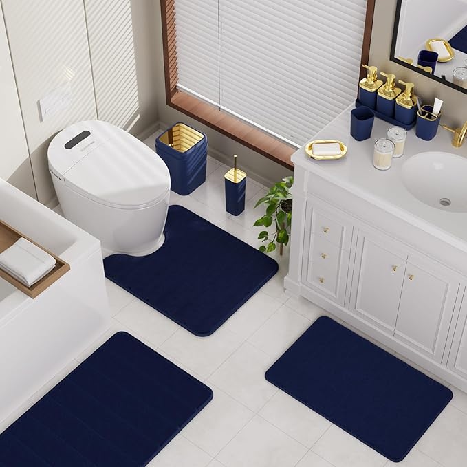 Bathroom Sets with Shower Curtain and Rugs, 27PC Bathroom Accessory Set, Blue Bathroom Set, Navy Blue Bathroom Accessories Set with Trash Can, Toilet Brush and Soap Dispensers