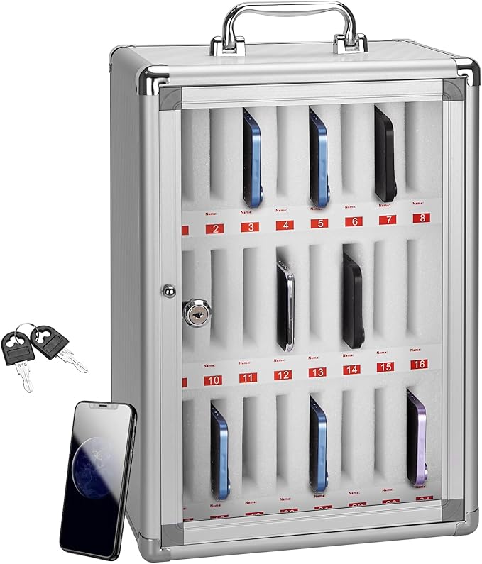 24 Slots Cell Phone Locker,Pocket Chart Cell Phones Storage Cabinet for Cell Phones,Wall-Mounted with a Locked, Lock Box for Phone with Handle for Enterprise & Classroom - Silver