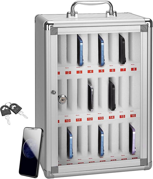 24 Slots Cell Phone Locker,Pocket Chart Cell Phones Storage Cabinet for Cell Phones,Wall-Mounted with a Locked, Lock Box for Phone with Handle for Enterprise & Classroom - Silver