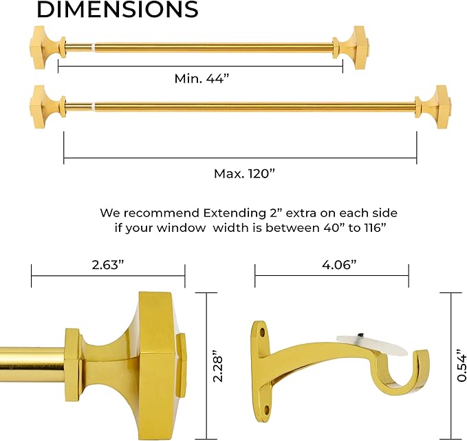 Deco Window Adjustable Golden Curtain Rod for Windows 44 to 120 Inch (Pack of 1) Extendable Heavy Duty 3/4 Inch Iron Drapery Pole with Stacked Square Finials (Gold)