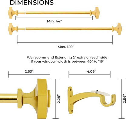Deco Window Adjustable Golden Curtain Rod for Windows 44 to 120 Inch (Pack of 1) Extendable Heavy Duty 3/4 Inch Iron Drapery Pole with Stacked Square Finials (Gold)