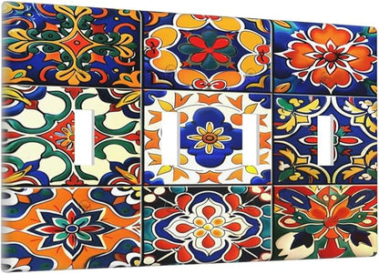 Light Switch Covers Colorful Mexican Talavera Vintage Boho Floral Quad Toggle Electrical Faceplate 4 Gang Wall Plate Decorative Switch Plates For Farmhouse Cabin Decor